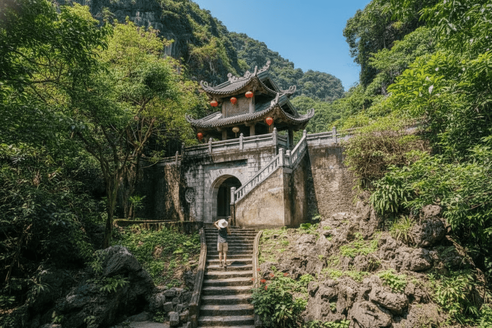 As you ascend, the sounds of rustling leaves and birdsong blend with the soft echo of footsteps, creating a calming rhythm